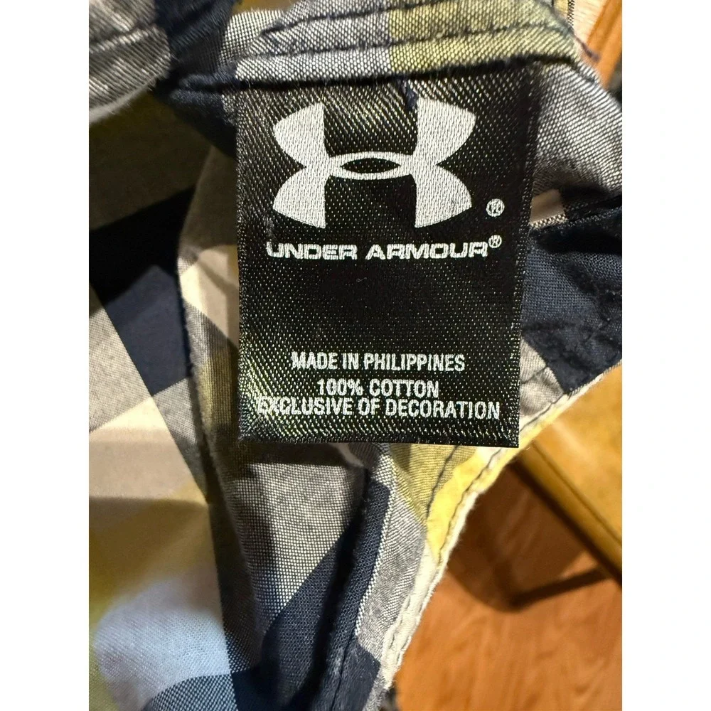 Under‎ Armour Shirt Men XXL Plaid Yellow Navy Short Sleeve Cotton